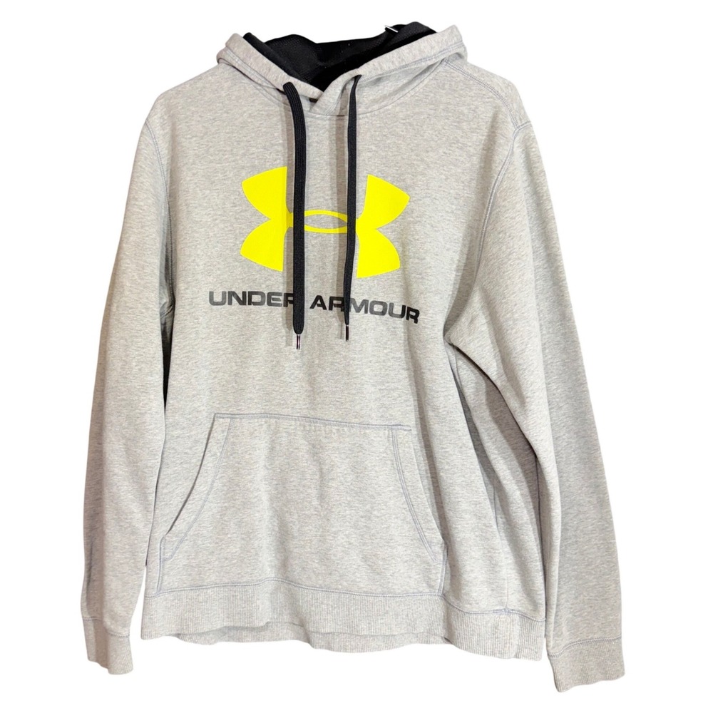 Under Armour Mens Size Large ColdGear Fitted Hoodie Gray Neon Yellow Logo Casual - Picture 2 of 10